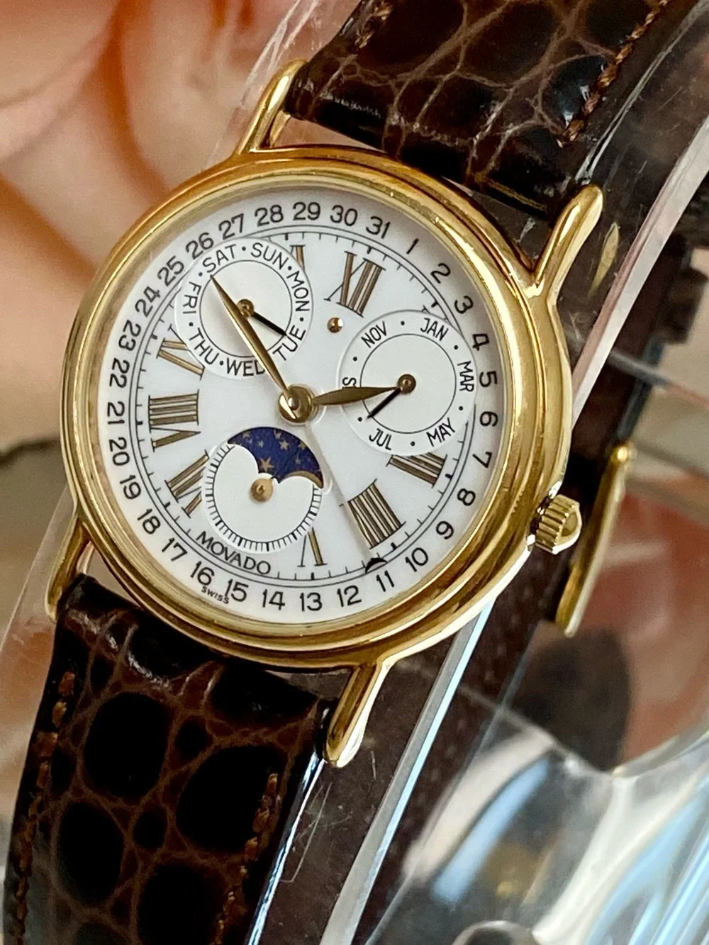 Vintage Movado Swiss Made Triple Date Moon Phase Ladies Dress Watch